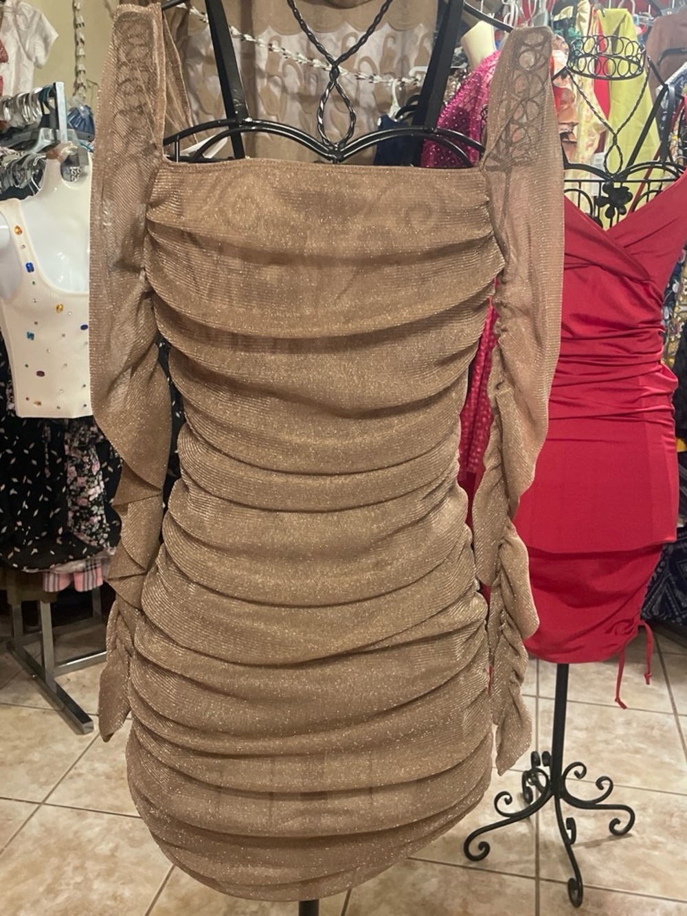 Shimmer Taupe Ruched Mini Dress with Long Sleeves